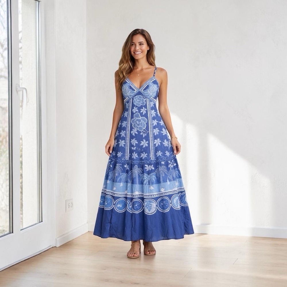 Caroline Constas Sz M Blue Floral Linen Blend Maxi Dress  Palm‎ Tree Tropical